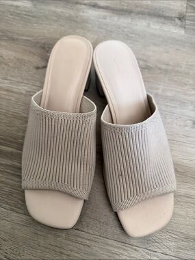 Quince Beige Knit Slip-On Block Heel Mules